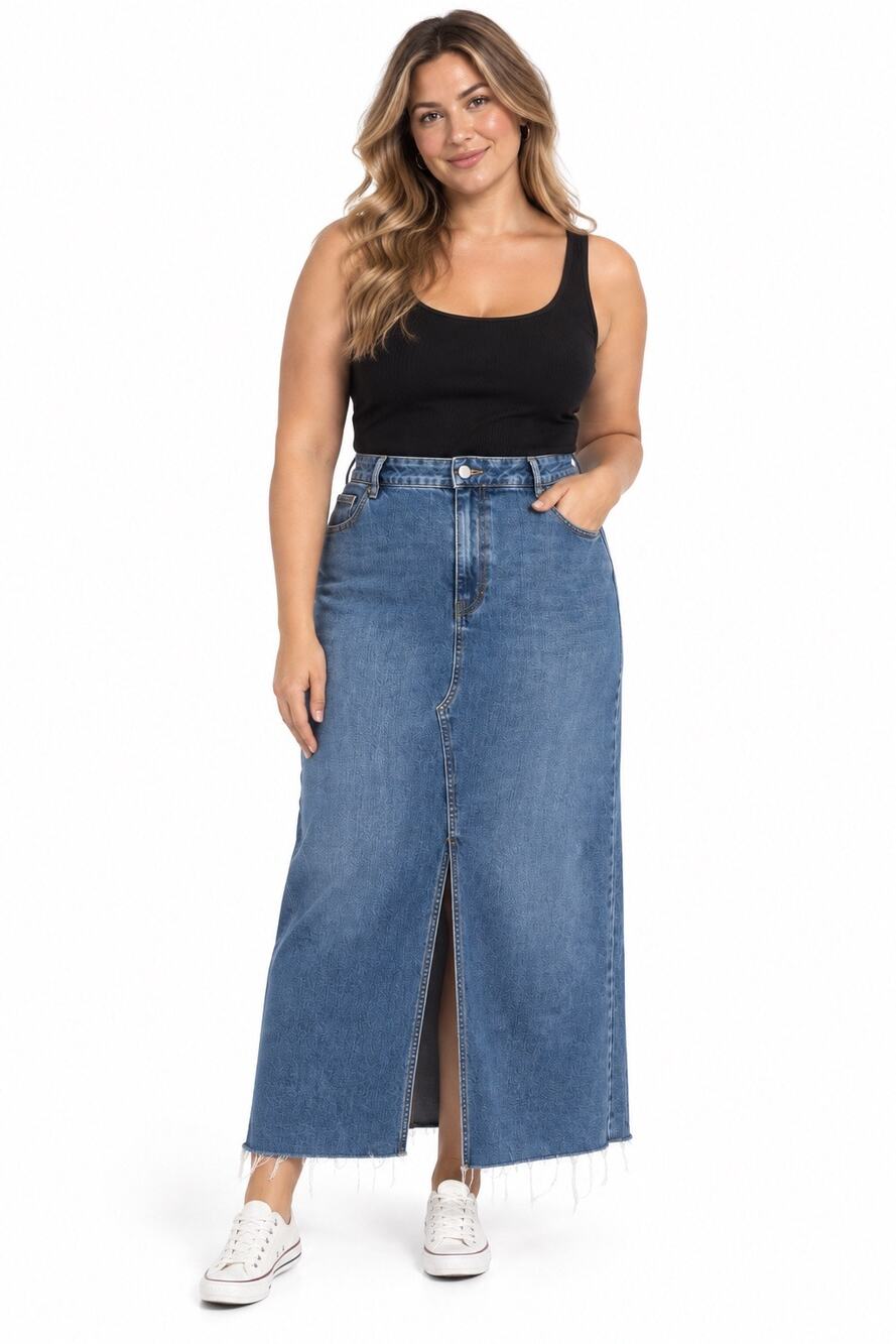 Marc New York Medium Wash Denim Frayed Hem Stretch Maxi Skirt w/ Front Slit